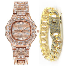 Load image into Gallery viewer, Fashion Iced Out Diamond Watch for Men Women's Quartz Watches Micropave CZ Hip Hop Cuban Chain Bracelet Waterproof Clock relogio