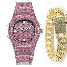 Load image into Gallery viewer, Fashion Iced Out Diamond Watch for Men Women's Quartz Watches Micropave CZ Hip Hop Cuban Chain Bracelet Waterproof Clock relogio