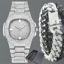 Load image into Gallery viewer, Fashion Iced Out Diamond Watch for Men Women's Quartz Watches Micropave CZ Hip Hop Cuban Chain Bracelet Waterproof Clock relogio
