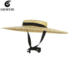 Load image into Gallery viewer, GEMVIE New Large Brim Straw Hat Summer Hats For Women Ribbon Beach Cap Boater Flat Top Sun Hat