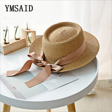 Load image into Gallery viewer, Ymsaid New Summer Sun Hats Women Fashion Girl Straw Hat Ribbon Bow Beach Hat Casual Straw Flat Top Panama Hat Bone Feminino