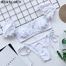 Load image into Gallery viewer, RXRXCOCO Ruffle Swimwear Women Short Sleeve Swimsuit Female Tie Side High Cut Biquini Bath Suit Bandeau Bikini Floral Swimwear