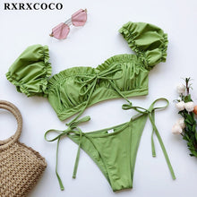 Load image into Gallery viewer, RXRXCOCO Ruffle Swimwear Women Short Sleeve Swimsuit Female Tie Side High Cut Biquini Bath Suit Bandeau Bikini Floral Swimwear