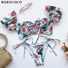 Load image into Gallery viewer, RXRXCOCO Ruffle Swimwear Women Short Sleeve Swimsuit Female Tie Side High Cut Biquini Bath Suit Bandeau Bikini Floral Swimwear