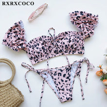 Load image into Gallery viewer, RXRXCOCO Ruffle Swimwear Women Short Sleeve Swimsuit Female Tie Side High Cut Biquini Bath Suit Bandeau Bikini Floral Swimwear