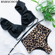 Load image into Gallery viewer, RXRXCOCO Ruffle Swimwear Women Short Sleeve Swimsuit Female Tie Side High Cut Biquini Bath Suit Bandeau Bikini Floral Swimwear