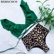 Load image into Gallery viewer, RXRXCOCO Ruffle Swimwear Women Short Sleeve Swimsuit Female Tie Side High Cut Biquini Bath Suit Bandeau Bikini Floral Swimwear