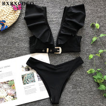 Load image into Gallery viewer, RXRXCOCO Ruffle Swimwear Women Short Sleeve Swimsuit Female Tie Side High Cut Biquini Bath Suit Bandeau Bikini Floral Swimwear