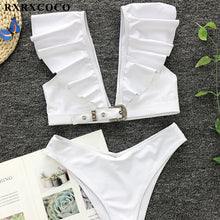 Load image into Gallery viewer, RXRXCOCO Ruffle Swimwear Women Short Sleeve Swimsuit Female Tie Side High Cut Biquini Bath Suit Bandeau Bikini Floral Swimwear