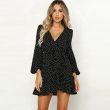 Load image into Gallery viewer, Dresses Female Fashion Summer Dress Women V-neck Lantern Sleeve Polka Dot Print Ruffles Open Fork Mini Dress Vestidos Платье