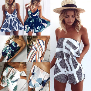 2020 Summer Sleeveless Backless Bohemian Beach Rompers Women Casual Floral Printed Short Jumpsuit Sexy Low Cut Mini Bodysuit