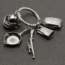 Load image into Gallery viewer, PUBG Keychain Playerunknowns Battlegrounds Backpack Armor Helmet Pan 98k Flare Gun Keyring Key Chain Ring Army Jewelry Wholesale
