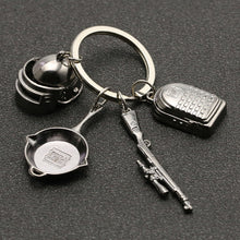 Load image into Gallery viewer, PUBG Keychain Playerunknowns Battlegrounds Backpack Armor Helmet Pan 98k Flare Gun Keyring Key Chain Ring Army Jewelry Wholesale
