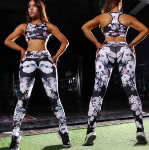 EOEODOIT Women Gym Leggings Jogging Sets 2 pcs Empire Workout Sport Pant Print Flower High Waist Elastic Fitness Hip Push Up Bra