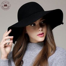 Load image into Gallery viewer, Chapeau Hot Sale Casual Fedora Cap Wide Brimmed Dome Hats High Quality Wool Floppy Hat Womens Black Cloche Hats
