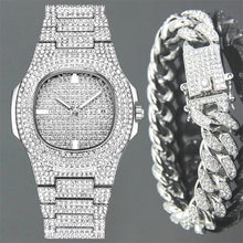 Load image into Gallery viewer, Fashion Iced Out Diamond Watch for Men Women's Quartz Watches Micropave CZ Hip Hop Cuban Chain Bracelet Waterproof Clock relogio
