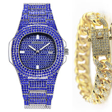 Load image into Gallery viewer, Fashion Iced Out Diamond Watch for Men Women's Quartz Watches Micropave CZ Hip Hop Cuban Chain Bracelet Waterproof Clock relogio
