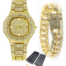Load image into Gallery viewer, Fashion Iced Out Diamond Watch for Men Women's Quartz Watches Micropave CZ Hip Hop Cuban Chain Bracelet Waterproof Clock relogio
