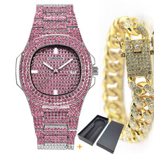 Load image into Gallery viewer, Fashion Iced Out Diamond Watch for Men Women's Quartz Watches Micropave CZ Hip Hop Cuban Chain Bracelet Waterproof Clock relogio
