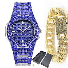 Load image into Gallery viewer, Fashion Iced Out Diamond Watch for Men Women's Quartz Watches Micropave CZ Hip Hop Cuban Chain Bracelet Waterproof Clock relogio

