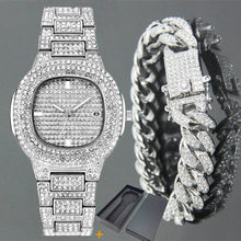 Load image into Gallery viewer, Fashion Iced Out Diamond Watch for Men Women's Quartz Watches Micropave CZ Hip Hop Cuban Chain Bracelet Waterproof Clock relogio
