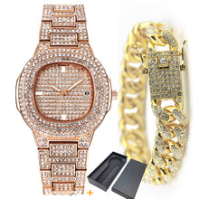 Load image into Gallery viewer, Fashion Iced Out Diamond Watch for Men Women's Quartz Watches Micropave CZ Hip Hop Cuban Chain Bracelet Waterproof Clock relogio

