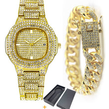 Load image into Gallery viewer, Fashion Iced Out Diamond Watch for Men Women's Quartz Watches Micropave CZ Hip Hop Cuban Chain Bracelet Waterproof Clock relogio
