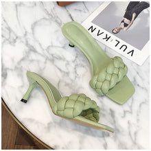Load image into Gallery viewer, SUOJIALUN 2020 New Design Weave Women Slipper Ladies Thin High Heel Sandal Open Toe Slip On Summer Outdoor Slides Flip Flop Shoe
