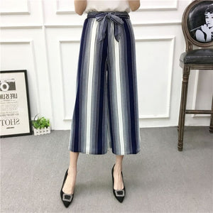 ETOSELL Women New Summer Wide Leg Pants Casual Loose High Elastic Waist Harem Pants Loose Belt Striped Elasticated Trousers