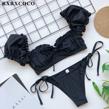 Load image into Gallery viewer, RXRXCOCO Ruffle Swimwear Women Short Sleeve Swimsuit Female Tie Side High Cut Biquini Bath Suit Bandeau Bikini Floral Swimwear
