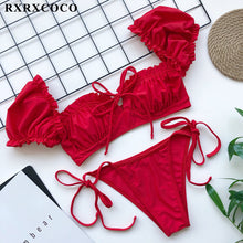 Load image into Gallery viewer, RXRXCOCO Ruffle Swimwear Women Short Sleeve Swimsuit Female Tie Side High Cut Biquini Bath Suit Bandeau Bikini Floral Swimwear
