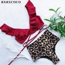 Load image into Gallery viewer, RXRXCOCO Ruffle Swimwear Women Short Sleeve Swimsuit Female Tie Side High Cut Biquini Bath Suit Bandeau Bikini Floral Swimwear
