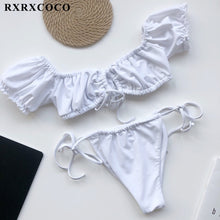 Load image into Gallery viewer, RXRXCOCO Ruffle Swimwear Women Short Sleeve Swimsuit Female Tie Side High Cut Biquini Bath Suit Bandeau Bikini Floral Swimwear
