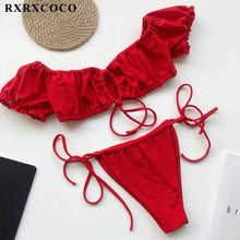 Load image into Gallery viewer, RXRXCOCO Ruffle Swimwear Women Short Sleeve Swimsuit Female Tie Side High Cut Biquini Bath Suit Bandeau Bikini Floral Swimwear
