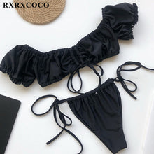 Load image into Gallery viewer, RXRXCOCO Ruffle Swimwear Women Short Sleeve Swimsuit Female Tie Side High Cut Biquini Bath Suit Bandeau Bikini Floral Swimwear
