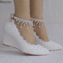 Load image into Gallery viewer, 2019 spring new pearl lace fashion slim high heel women's wedge with large size shallow mouth buckle pointed female wedding shoe
